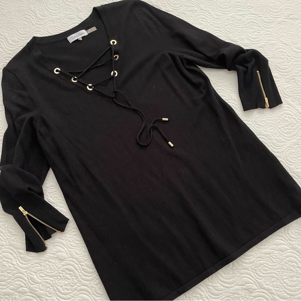 CALVIN KLEIN Sweater Top V-Neck 3/4 Length Sleeve Size Large - Picture 7 of 15
